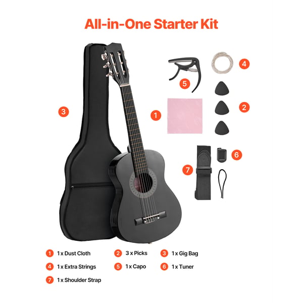 Klassisk guitar 78 cm sort, basswood, startpakke