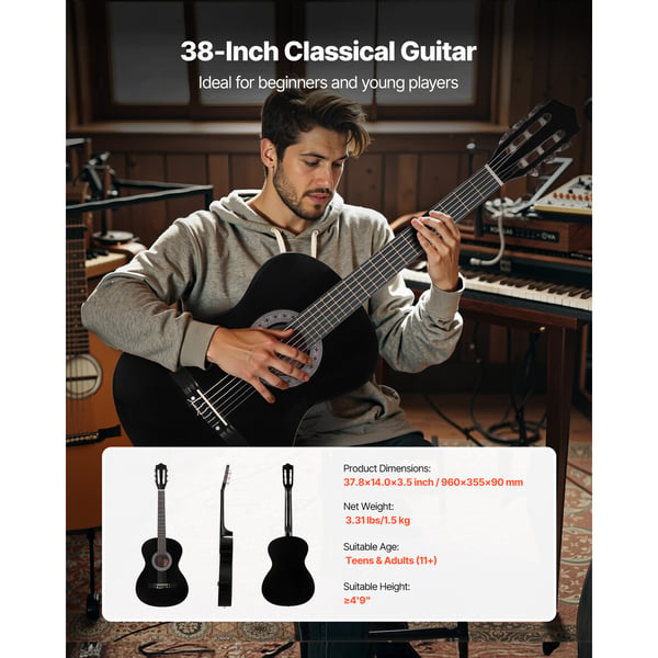 Klassisk guitar 96 cm sort, basswood, startpakke