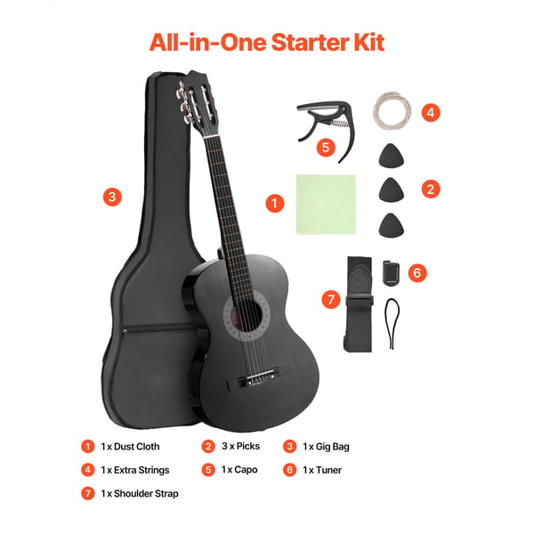 Klassisk guitar 96 cm sort, basswood, startpakke