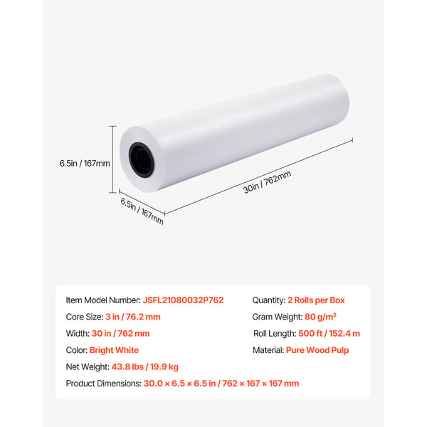Bredformat papirrulle 762x15240 cm, Klarhvid, CAD Bond, Træmasse