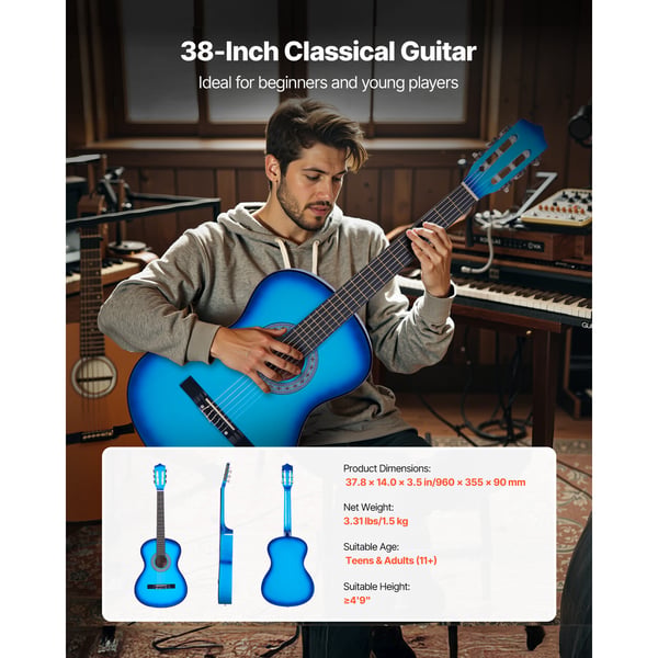 Klassisk guitar 96 cm blå, træ, startpakke