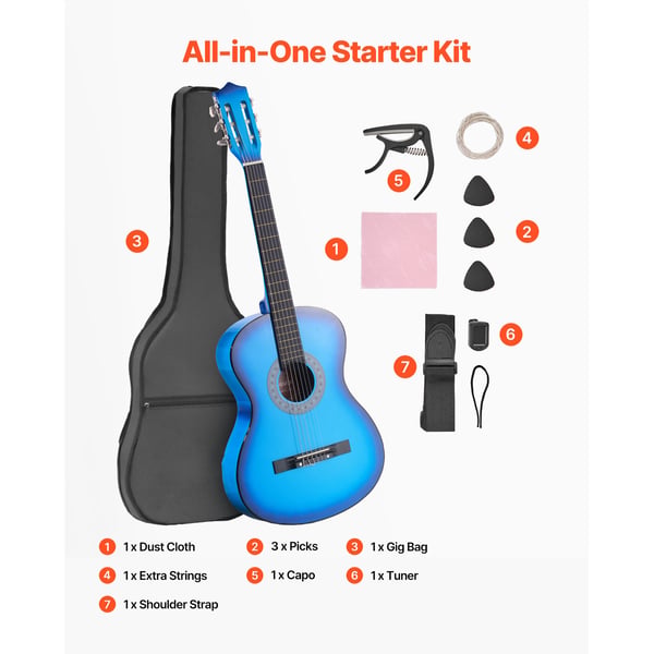 Klassisk guitar 96 cm blå, træ, startpakke