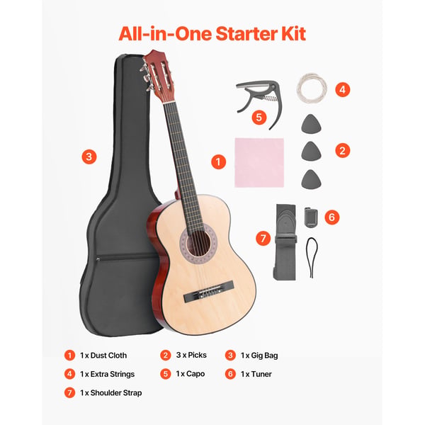 Klassisk guitar, 96 cm, naturtræ, startpakke