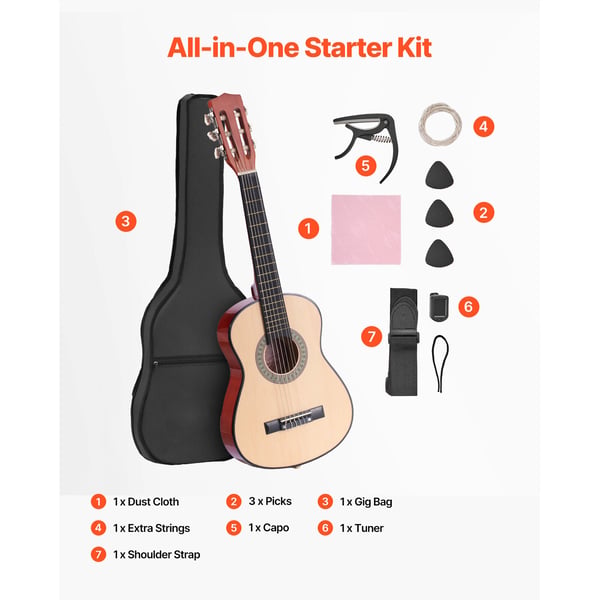Klassisk guitar 78 cm træ startsæt natur