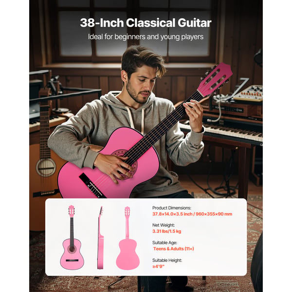 Klassisk guitar, 96 cm, pink, træ, startpakke