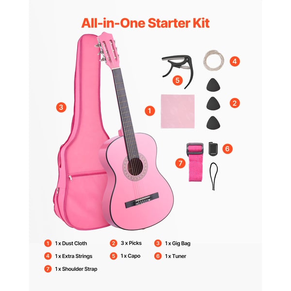 Klassisk guitar, 96 cm, pink, træ, startpakke