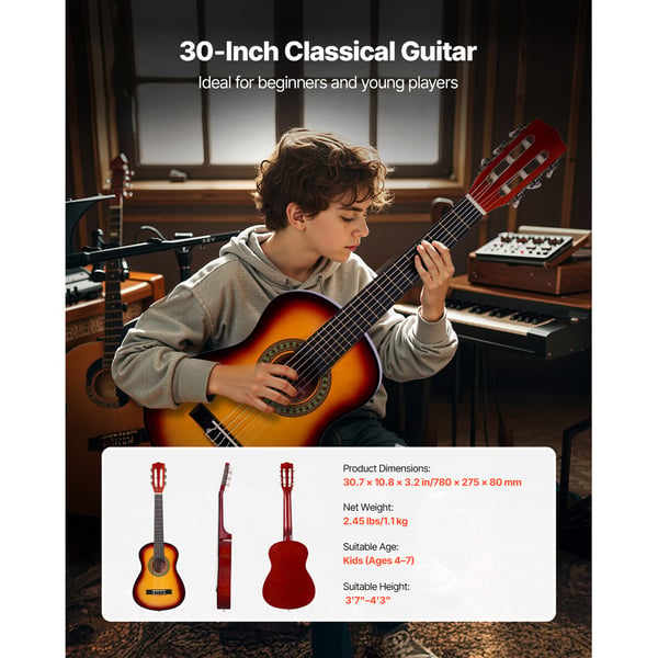 Klassisk guitar, 78 cm, sunburst, basswood startsæt