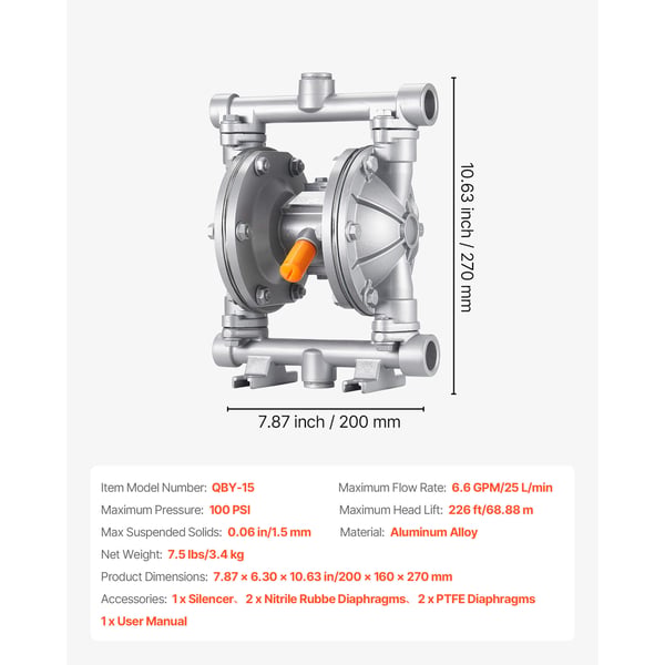 Dubbelmembranpump, luftdriven, 24.98 l/min, aluminium