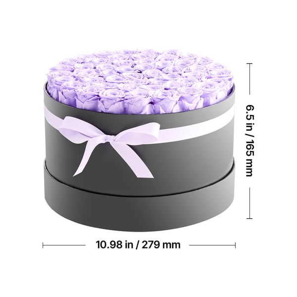 Boks med konserverede blomster, 50 roser, 27,9x27,9x16,5 cm, lilla
