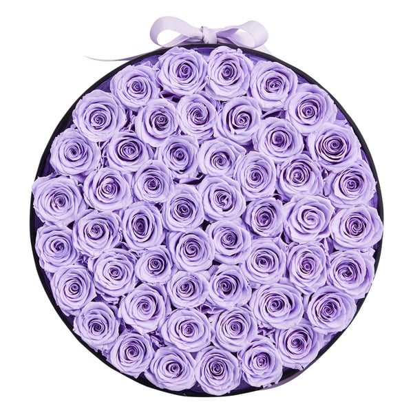 Boks med konserverede blomster, 50 roser, 27,9x27,9x16,5 cm, lilla