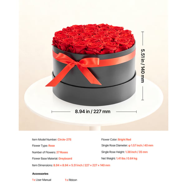 Bukett med konserverade blommor, 27 rosor i ask, 22,7x22,7x14 cm, röd