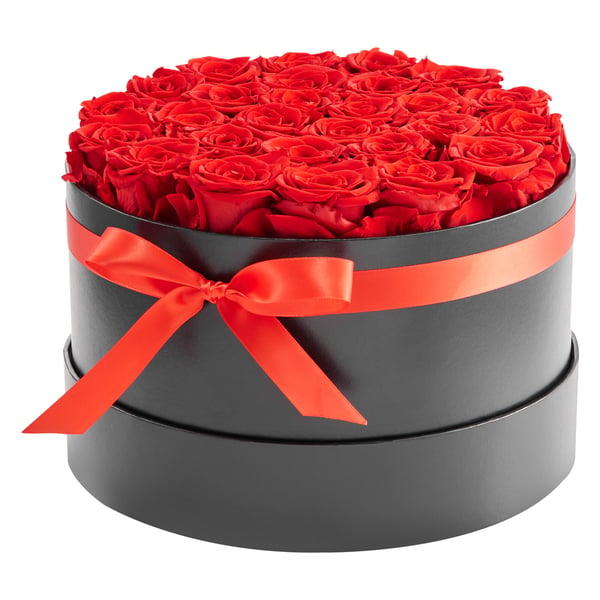 Bukett med konserverade blommor, 27 rosor i ask, 22,7x22,7x14 cm, röd
