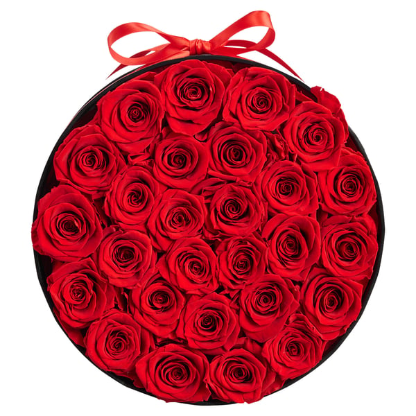 Bukett med konserverade blommor, 27 rosor i ask, 22,7x22,7x14 cm, röd