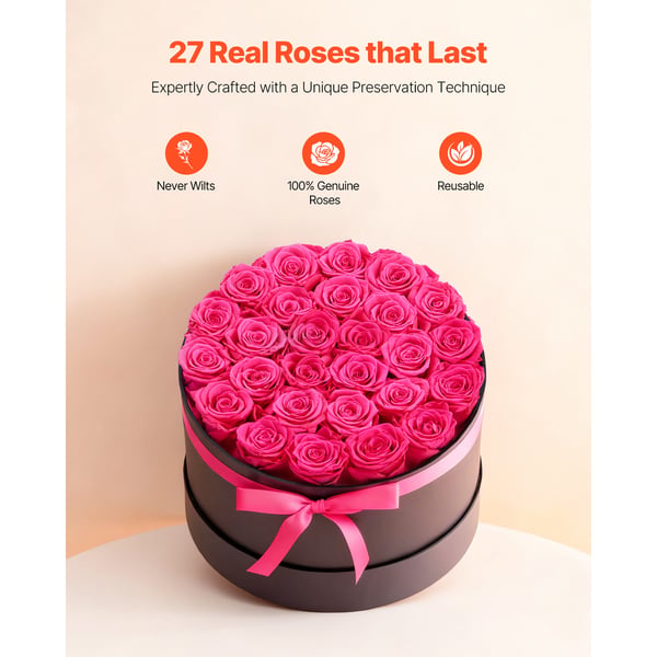 Konserveret blomsterbuket, 27 roser, 22,7x22,7x14 cm, rød