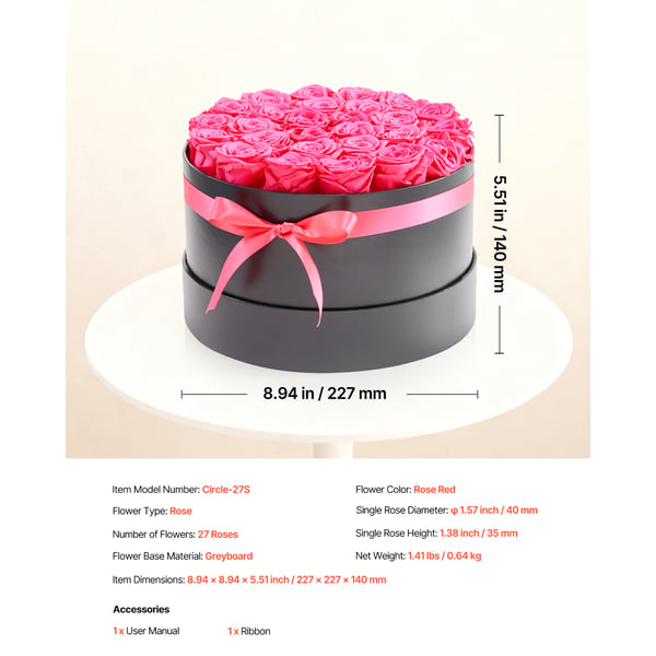 Konserveret blomsterbuket, 27 roser, 22,7x22,7x14 cm, rød