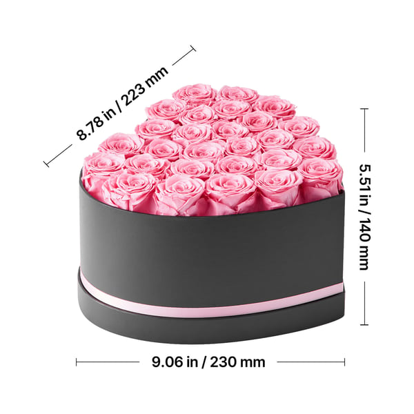 Bukett med bevarade rosor, 27 rosor hjärtformad ask, 223x230x140 mm, rosa