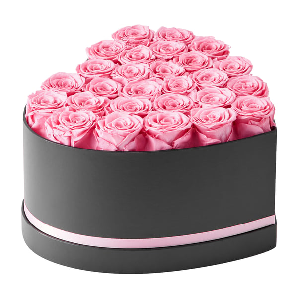 Bukett med bevarade rosor, 27 rosor hjärtformad ask, 223x230x140 mm, rosa