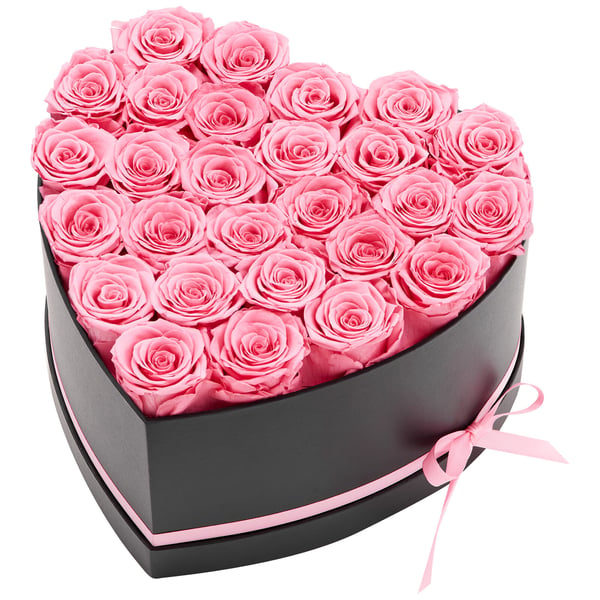 Bukett med bevarade rosor, 27 rosor hjärtformad ask, 223x230x140 mm, rosa