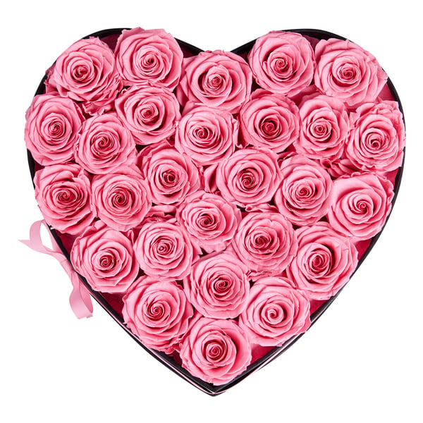 Bukett med bevarade rosor, 27 rosor hjärtformad ask, 223x230x140 mm, rosa