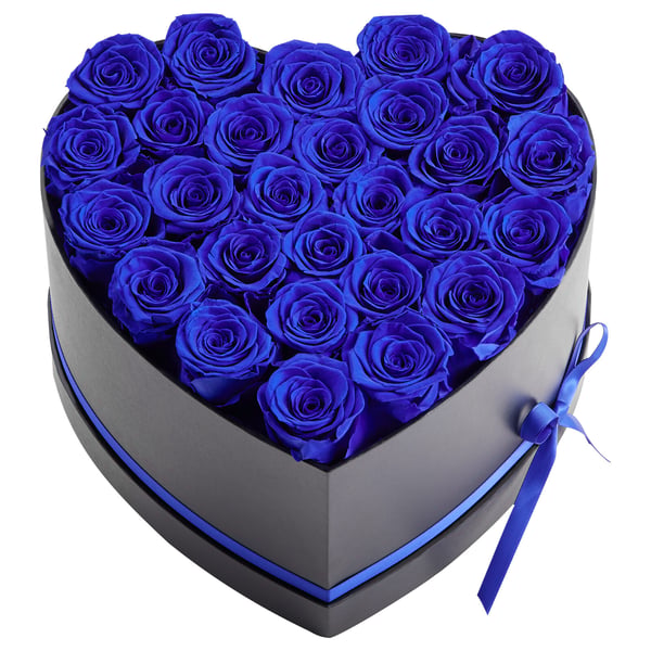 Konserveret blomsterbuket, 27 roser hjerteæske, 22,4x23,1x14,5 cm, blå