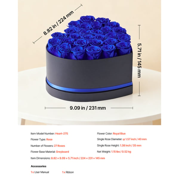 Konserveret blomsterbuket, 27 roser hjerteæske, 22,4x23,1x14,5 cm, blå