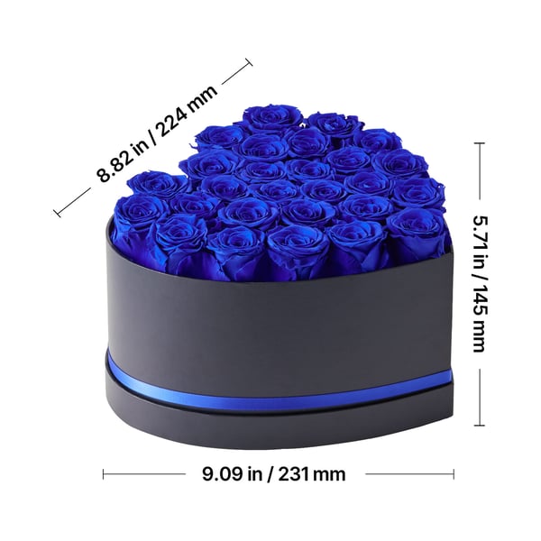 Konserveret blomsterbuket, 27 roser hjerteæske, 22,4x23,1x14,5 cm, blå