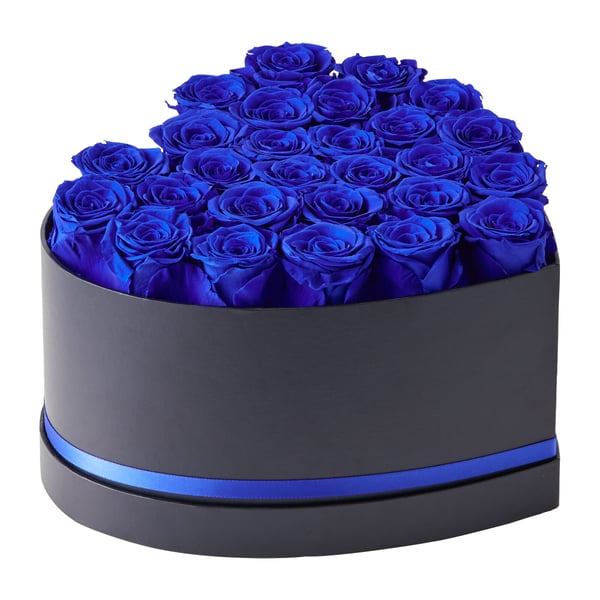 Konserveret blomsterbuket, 27 roser hjerteæske, 22,4x23,1x14,5 cm, blå