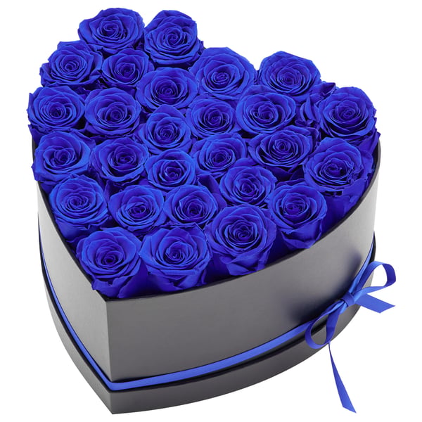 Konserveret blomsterbuket, 27 roser hjerteæske, 22,4x23,1x14,5 cm, blå