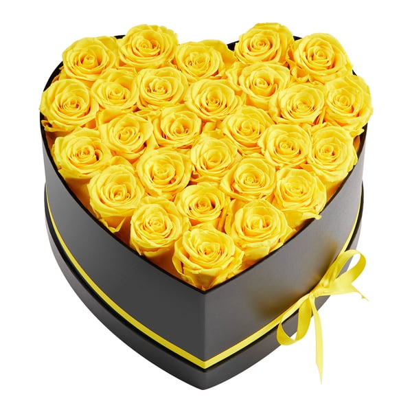 Konserveret blomsterbuket, 27 roser hjerteformet, 23,3x22,3x14,5 cm, gul