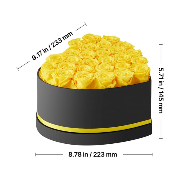 Konserveret blomsterbuket, 27 roser hjerteformet, 23,3x22,3x14,5 cm, gul