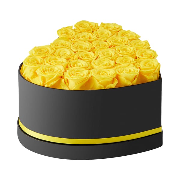 Konserveret blomsterbuket, 27 roser hjerteformet, 23,3x22,3x14,5 cm, gul