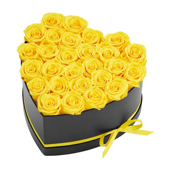 Konserveret blomsterbuket, 27 roser hjerteformet, 23,3x22,3x14,5 cm, gul