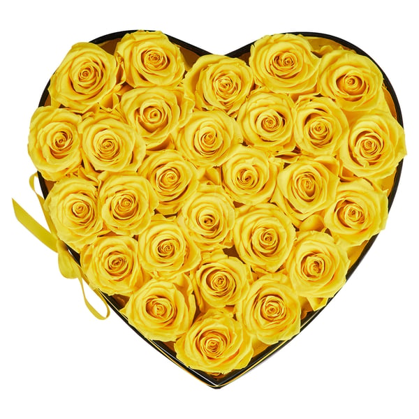 Konserveret blomsterbuket, 27 roser hjerteformet, 23,3x22,3x14,5 cm, gul