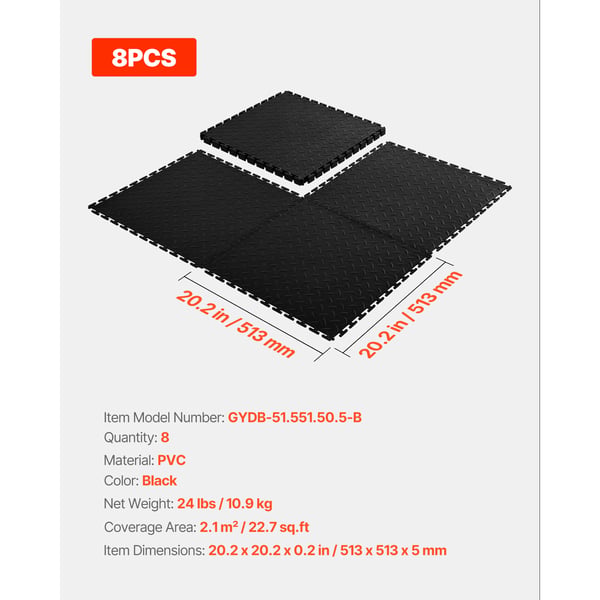 Garage gulvfliser, 51,3x51,3x0,5 cm, sort, PVC