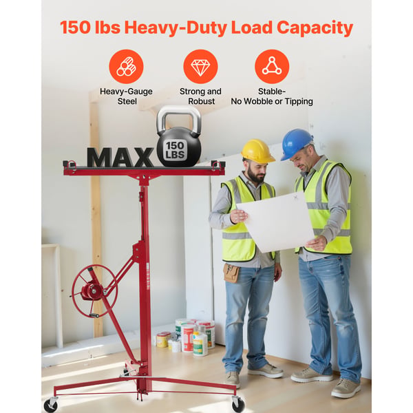 Gipspladeløfter, 3353 mm højde, 68 kg kapacitet, 1530x1530x1450 mm, rød, stål