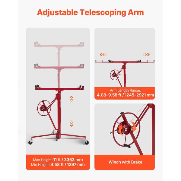 Gipspladeløfter, 3353 mm højde, 68 kg kapacitet, 1530x1530x1450 mm, rød, stål