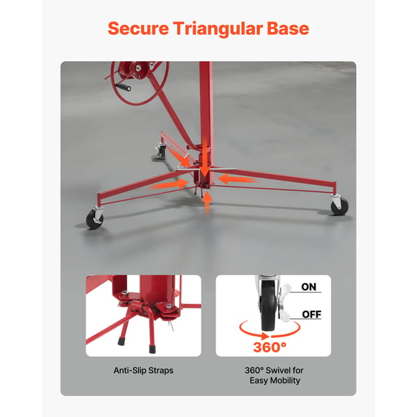 Gipspladeløfter, 3353 mm højde, 68 kg kapacitet, 1530x1530x1450 mm, rød, stål