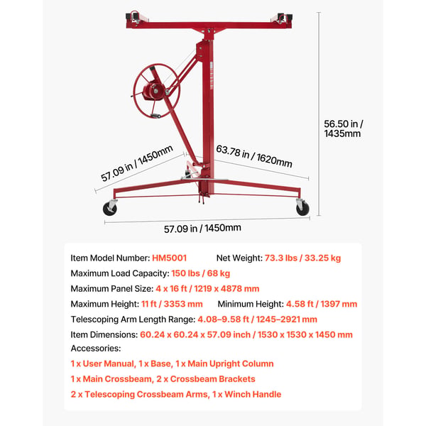 Gipspladeløfter, 3353 mm højde, 68 kg kapacitet, 1530x1530x1450 mm, rød, stål