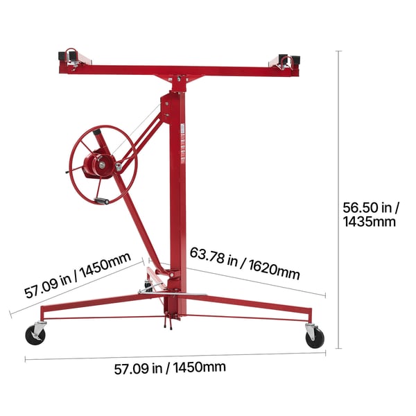Gipspladeløfter, 3353 mm højde, 68 kg kapacitet, 1530x1530x1450 mm, rød, stål