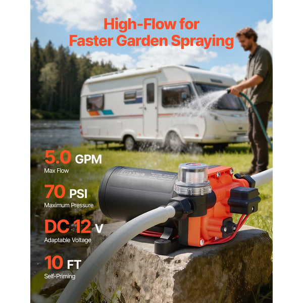 Vandpumpe, 12V DC 18,9 L/min 4-kammer selvansugende membran, sort, til campingvogn og marine