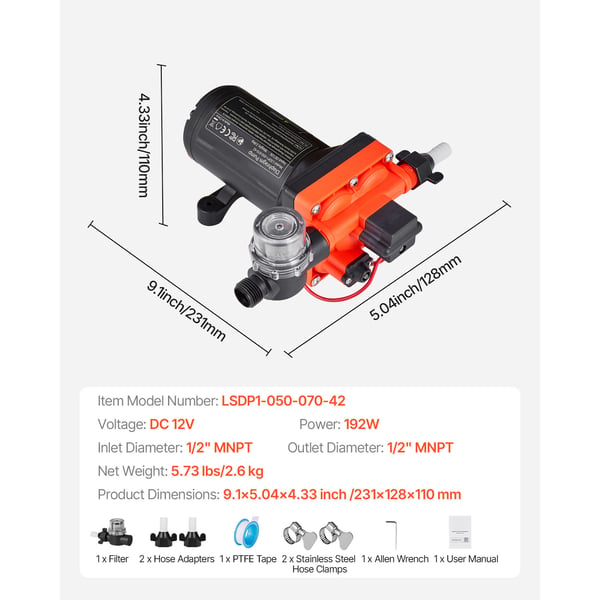 Vandpumpe, 12V DC 18,9 L/min 4-kammer selvansugende membran, sort, til campingvogn og marine
