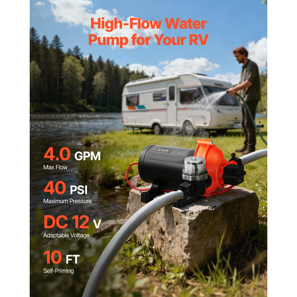 Vandpumpe, 12V DC 15,1 L/min selvansugende membran, sort, til campingvogn og marine