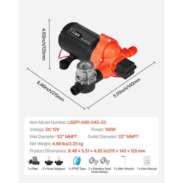Vandpumpe, 12V DC 15,1 L/min selvansugende membran, sort, til campingvogn og marine