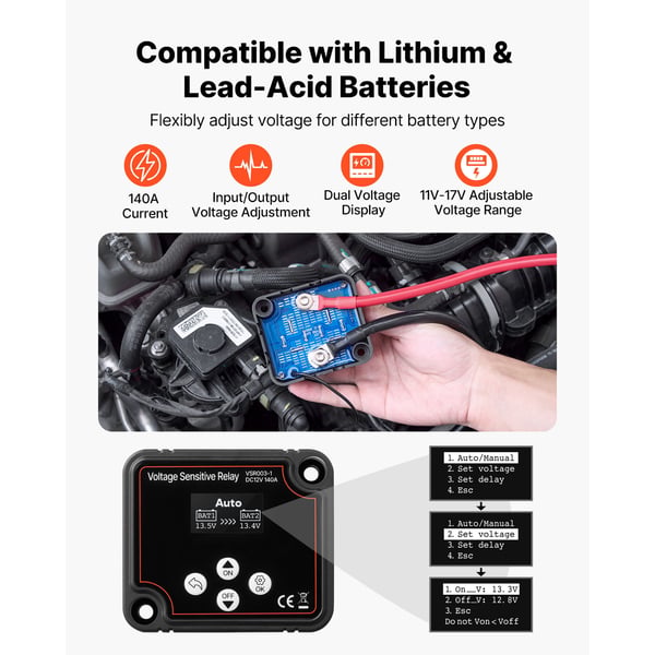 Batteriavskiljarkit, 12V 140 Amp, 80x70x60 mm, Svart, spänningshantering