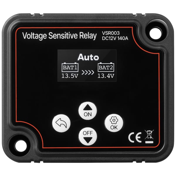Akun erottaja, 12V 140A manuaalinen ja automaattinen VSR LCD-näytöllä, 80x70x60 mm, musta, jännitehallinta