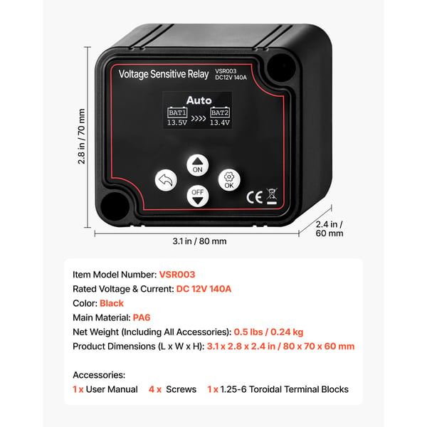 Akun erottaja, 12V 140A manuaalinen ja automaattinen VSR LCD-näytöllä, 80x70x60 mm, musta, jännitehallinta