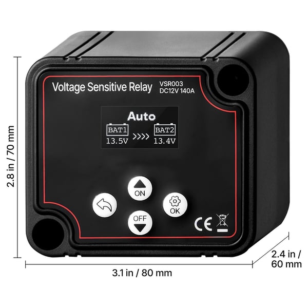 Akun erottaja, 12V 140A manuaalinen ja automaattinen VSR LCD-näytöllä, 80x70x60 mm, musta, jännitehallinta