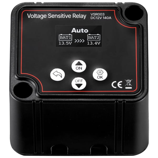 Akun erottaja, 12V 140A manuaalinen ja automaattinen VSR LCD-näytöllä, 80x70x60 mm, musta, jännitehallinta