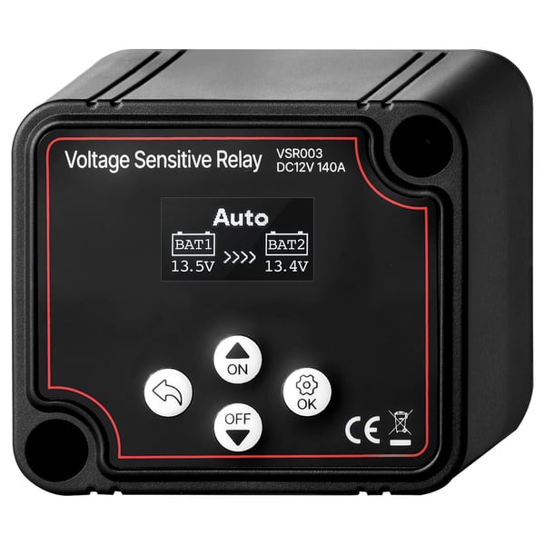 Akun erottaja, 12V 140A manuaalinen ja automaattinen VSR LCD-näytöllä, 80x70x60 mm, musta, jännitehallinta