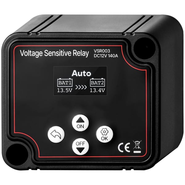 Akun erottaja, 12V 140A manuaalinen ja automaattinen VSR LCD-näytöllä, 80x70x60 mm, musta, jännitehallinta